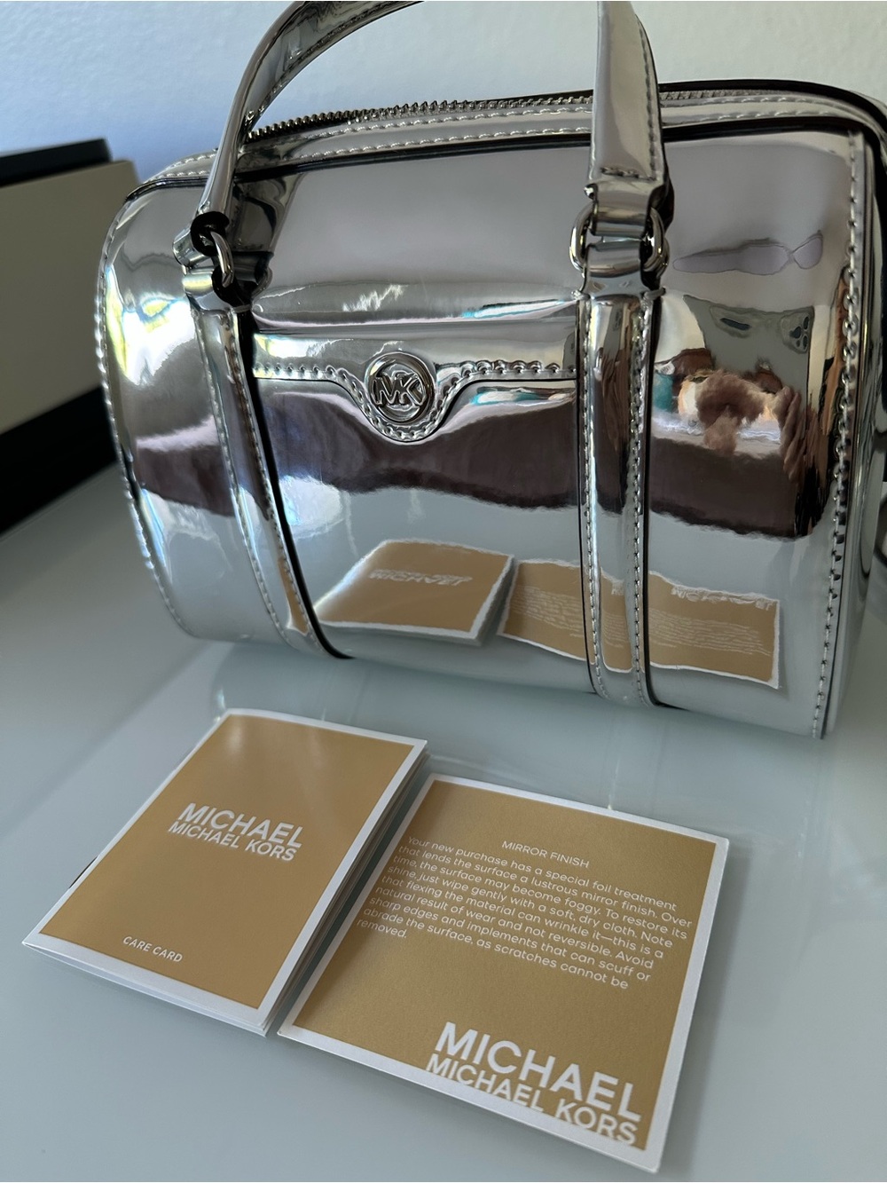 Michael Kors travel crossbody or handbag, silver, mirror finish,new with tag - Picture 10 of 16